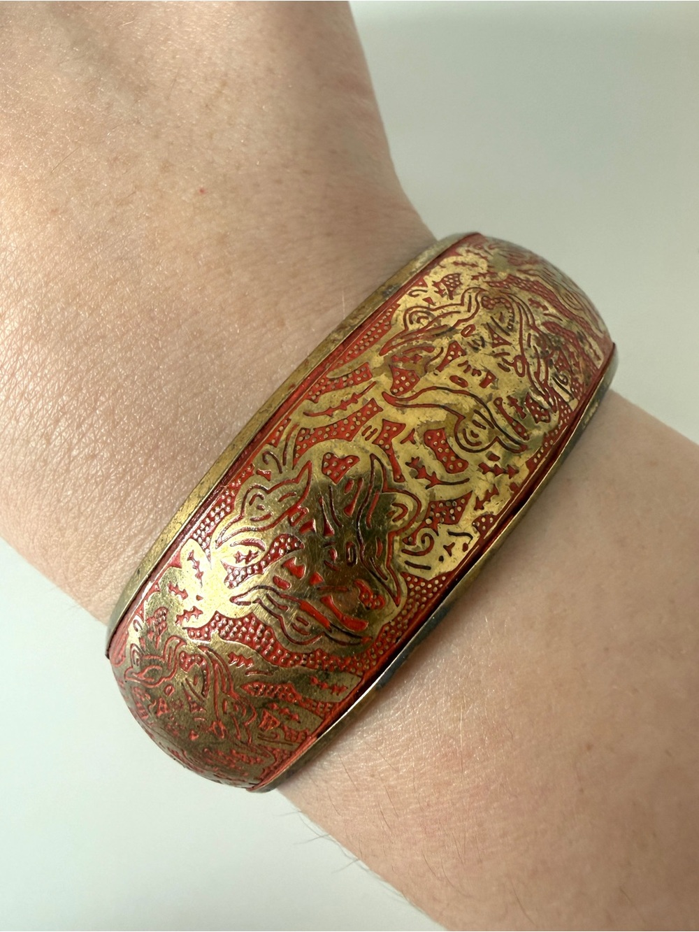 Gold & Red Engraved Brass Bangle Bracelet